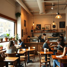 A cozy and inviting cafe interior with warm lighting and rustic wooden furniture, featuring a large window that lets in natural light