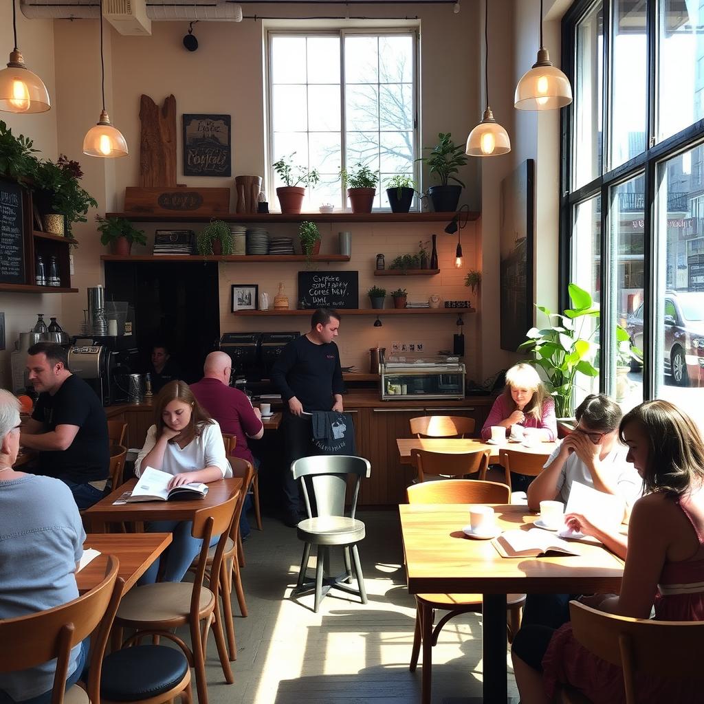 A cozy and inviting cafe interior with warm lighting and rustic wooden furniture, featuring a large window that lets in natural light