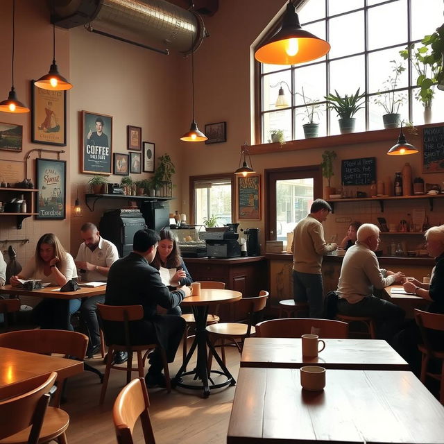 A cozy and inviting cafe interior with warm lighting and rustic wooden furniture, featuring a large window that lets in natural light