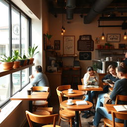 A cozy and inviting cafe interior with warm lighting and rustic wooden furniture, featuring a large window that lets in natural light