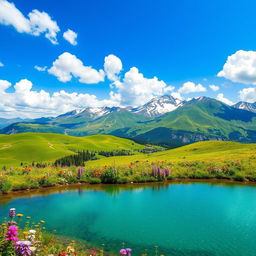 A breathtaking landscape showcasing a beautiful nature scene, featuring rolling green hills under a vibrant blue sky dotted with fluffy white clouds