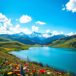 A breathtaking landscape showcasing a beautiful nature scene, featuring rolling green hills under a vibrant blue sky dotted with fluffy white clouds