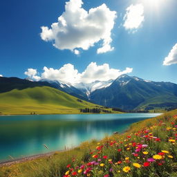 A breathtaking landscape showcasing a beautiful nature scene, featuring rolling green hills under a vibrant blue sky dotted with fluffy white clouds