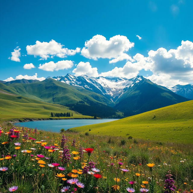 A breathtaking landscape showcasing a beautiful nature scene, featuring rolling green hills under a vibrant blue sky dotted with fluffy white clouds