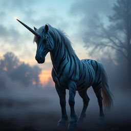 A magnificent hybrid unicorn standing proudly in a misty clearing at twilight, featuring long saber-like fangs reminiscent of a tiger