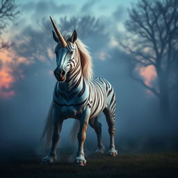 A magnificent hybrid unicorn standing proudly in a misty clearing at twilight, featuring long saber-like fangs reminiscent of a tiger