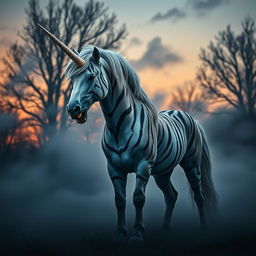 A magnificent hybrid unicorn standing proudly in a misty clearing at twilight, featuring long saber-like fangs reminiscent of a tiger