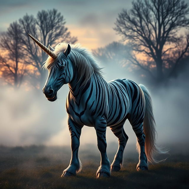 A magnificent hybrid unicorn standing proudly in a misty clearing at twilight, featuring long saber-like fangs reminiscent of a tiger