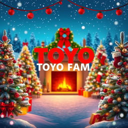 A festive Christmas-themed poster featuring the bold text "TOYO FAM" at the center