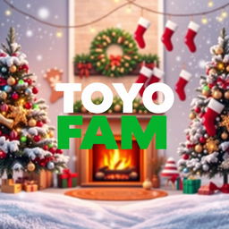 A festive Christmas-themed poster featuring the bold text "TOYO FAM" at the center