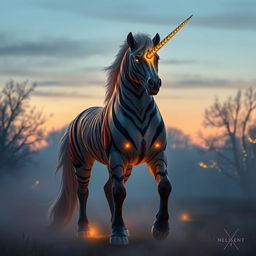A magnificent hybrid unicorn standing proudly in a misty clearing at twilight, featuring long saber-like fangs reminiscent of a tiger