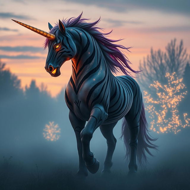 A magnificent hybrid unicorn standing proudly in a misty clearing at twilight, featuring long saber-like fangs reminiscent of a tiger