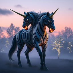 A magnificent hybrid unicorn standing proudly in a misty clearing at twilight, featuring long saber-like fangs reminiscent of a tiger