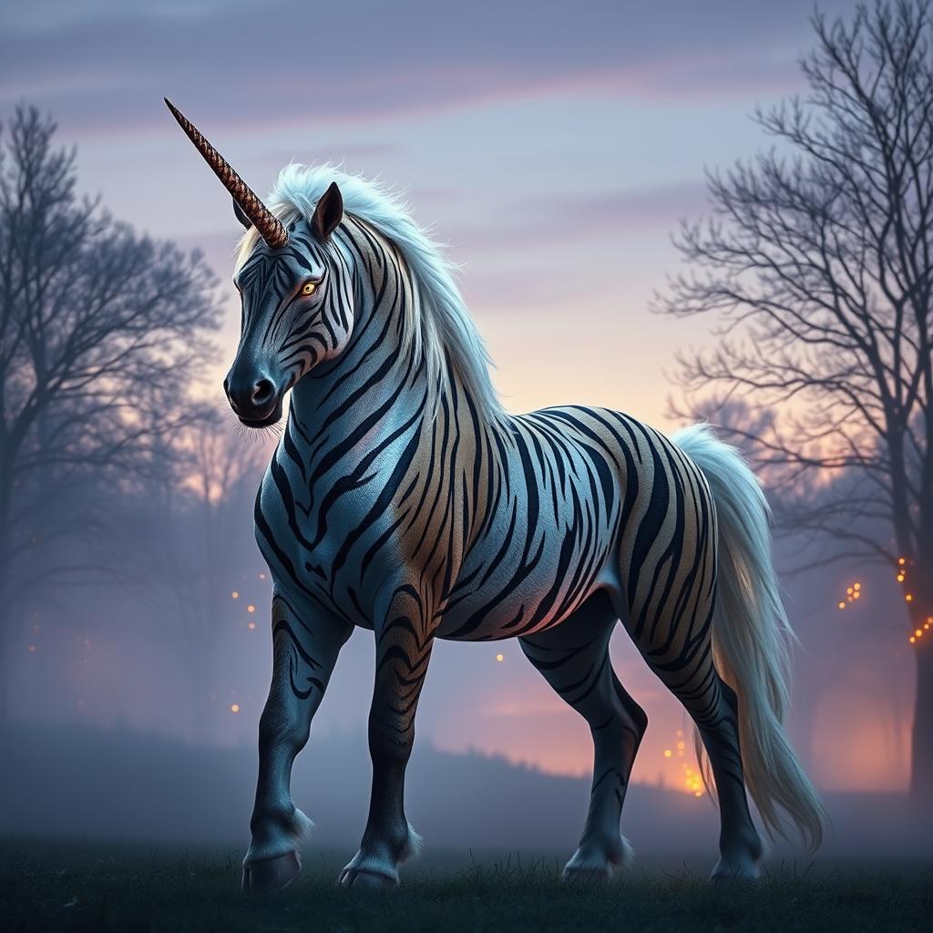 A magnificent hybrid unicorn standing proudly in a misty clearing at twilight, featuring long saber-like fangs reminiscent of a tiger