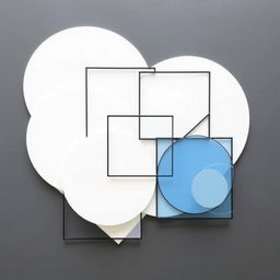 An abstract art piece featuring an arrangement of various geometric shapes, now transformed with white colors and black thin borders instead of blue