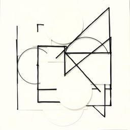 An abstract art piece featuring an arrangement of various geometric shapes, now transformed with white colors and black thin borders instead of blue