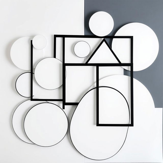 An abstract art piece featuring an arrangement of various geometric shapes, now transformed with white colors and black thin borders instead of blue