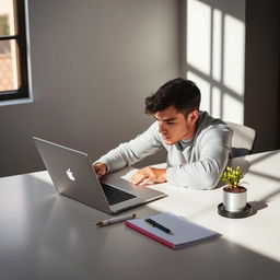 A person working diligently at a sleek, modern workspace, using an Apple MacBook laptop