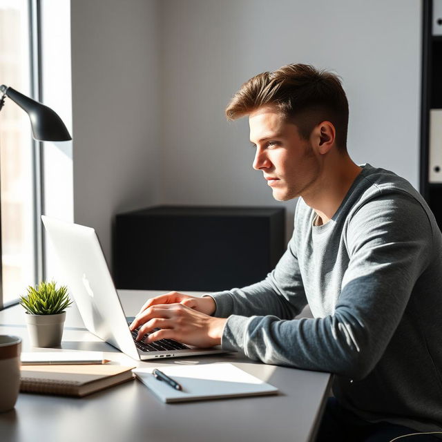 A person working diligently at a sleek, modern workspace, using an Apple MacBook laptop