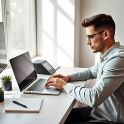 A person working diligently at a sleek, modern workspace, using an Apple MacBook laptop