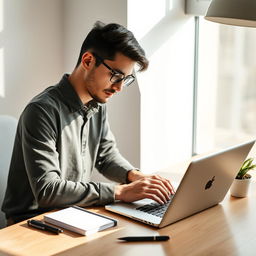 A person working diligently at a sleek, modern workspace, using an Apple MacBook laptop
