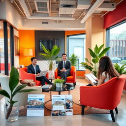 A modern and inviting real estate office interior showcasing a warm and welcoming atmosphere, designed with elegant decor and vibrant colors