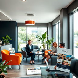 A modern and inviting real estate office interior showcasing a warm and welcoming atmosphere, designed with elegant decor and vibrant colors