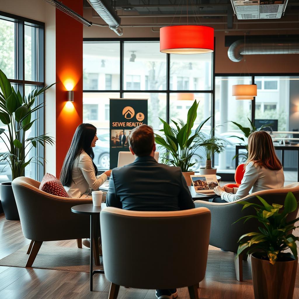 A modern and inviting real estate office interior showcasing a warm and welcoming atmosphere, designed with elegant decor and vibrant colors