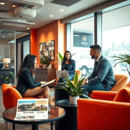 A modern and inviting real estate office interior showcasing a warm and welcoming atmosphere, designed with elegant decor and vibrant colors