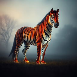 A striking scene of a majestic creature with a magnificent blend of tiger and horse characteristics, standing proudly in a misty clearing