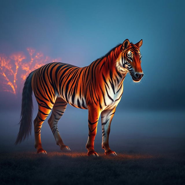 A striking scene of a majestic creature with a magnificent blend of tiger and horse characteristics, standing proudly in a misty clearing