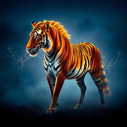 A striking scene of a majestic creature with a magnificent blend of tiger and horse characteristics, standing proudly in a misty clearing