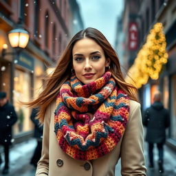 A fashionable woman standing on a winter street, warmly dressed in a stylish coat and a colorful, knitted muffler wrapped around her neck