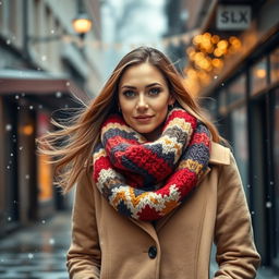 A fashionable woman standing on a winter street, warmly dressed in a stylish coat and a colorful, knitted muffler wrapped around her neck