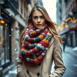A fashionable woman standing on a winter street, warmly dressed in a stylish coat and a colorful, knitted muffler wrapped around her neck