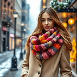 A fashionable woman standing on a winter street, warmly dressed in a stylish coat and a colorful, knitted muffler wrapped around her neck