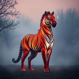 A majestic creature embodying characteristics of both a tiger and a horse, standing proudly in a misty clearing