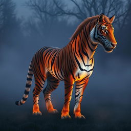 A majestic creature embodying characteristics of both a tiger and a horse, standing proudly in a misty clearing