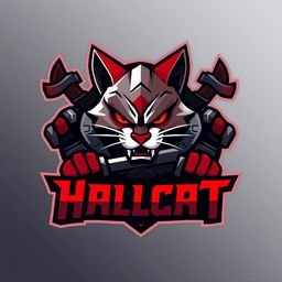 A bold and dynamic logo design for a war battle game titled 'Hallcat'