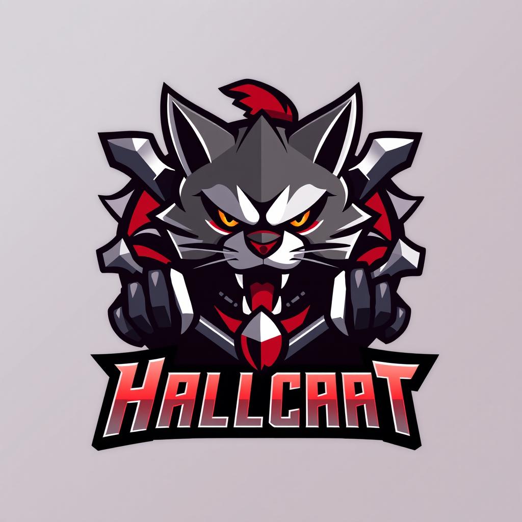 A bold and dynamic logo design for a war battle game titled 'Hallcat'