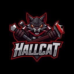 A bold and dynamic logo design for a war battle game titled 'Hallcat'