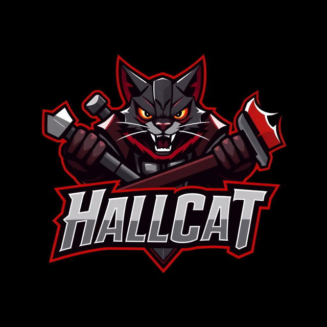 A bold and dynamic logo design for a war battle game titled 'Hallcat'