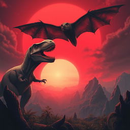 A towering T-Rex roaring powerfully under a striking blood-red sunset, its sharp teeth glistening in the fading light