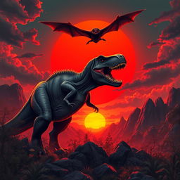 A towering T-Rex roaring powerfully under a striking blood-red sunset, its sharp teeth glistening in the fading light