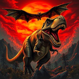 A towering T-Rex roaring powerfully under a striking blood-red sunset, its sharp teeth glistening in the fading light