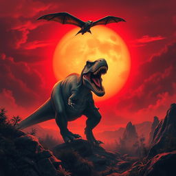 A towering T-Rex roaring powerfully under a striking blood-red sunset, its sharp teeth glistening in the fading light