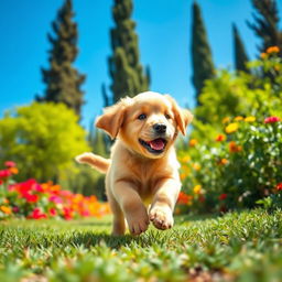A playful golden retriever puppy running through a lush green park, surrounded by colorful flowers and tall trees