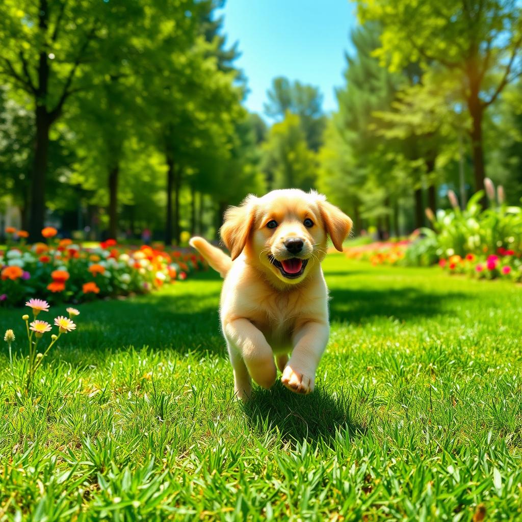 A playful golden retriever puppy running through a lush green park, surrounded by colorful flowers and tall trees