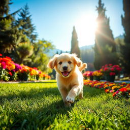 A playful golden retriever puppy running through a lush green park, surrounded by colorful flowers and tall trees
