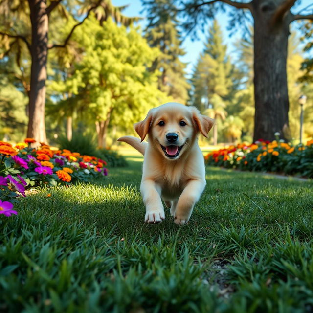 A playful golden retriever puppy running through a lush green park, surrounded by colorful flowers and tall trees